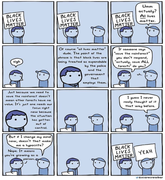 Cartoon Illustration between two people explaining Black Lives Matter