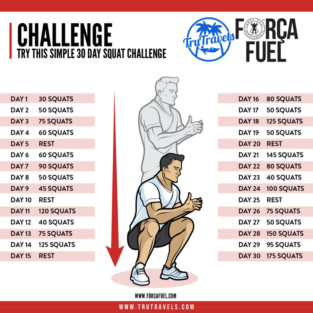 Challenge - 30 day squat challenge with days of the month and man doing squat 