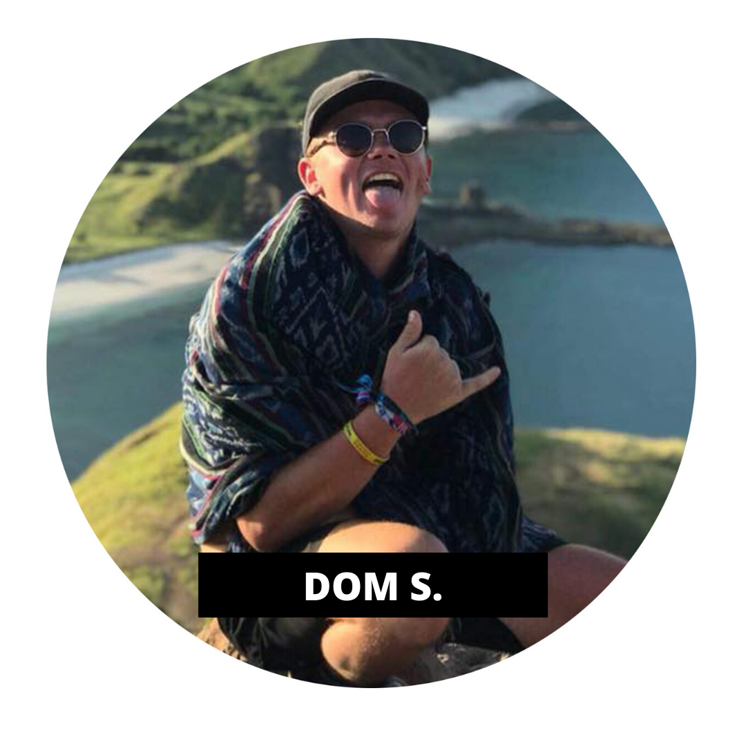TruCrew Dom Stevens posing in Indonesia with text box 'Dom S.