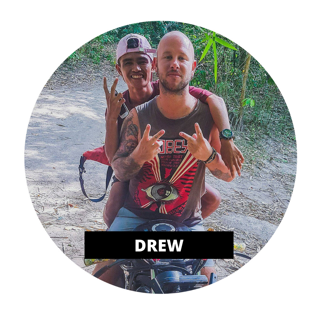 TruCrew Drew on motorbike with friend with text box saying 'Drew'