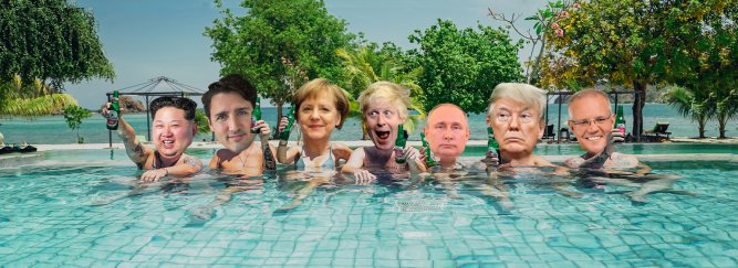 World Leaders in Pool with Beers enjoying the sun with Palm Trees and Ocean Putin Trump Merkel Trudeau