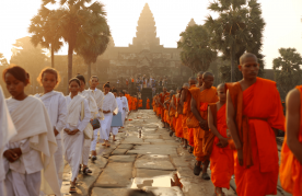 Monks outside Angkor Wat in Cambodia