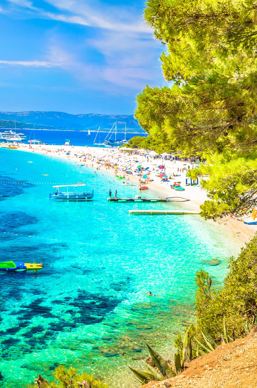 Croatia tour card, with bright blue clear waters at the beach