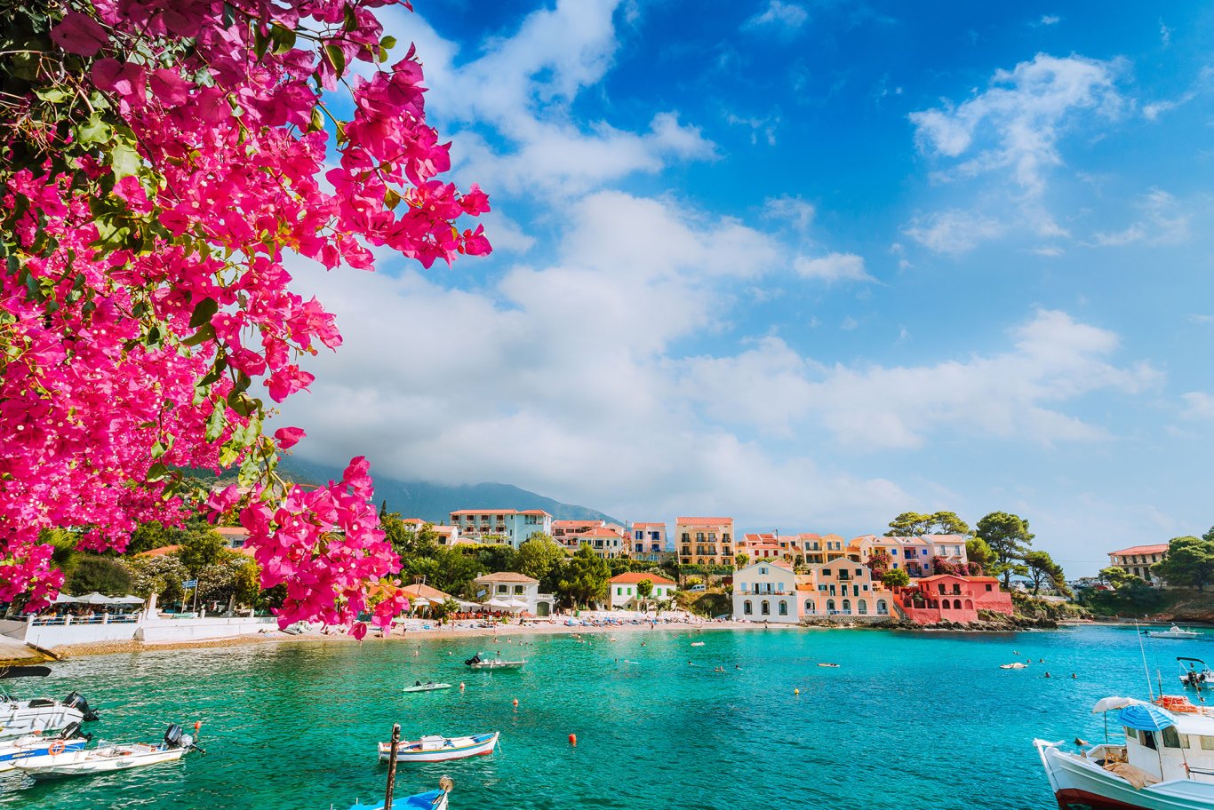 A photo of the coast in Greece with boats on the turquoise water and a tree with bright pink flowers in the view