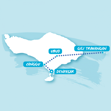 Blue graphic map Bali showing stops