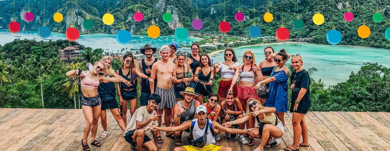 group photo with ball balls hanging on top