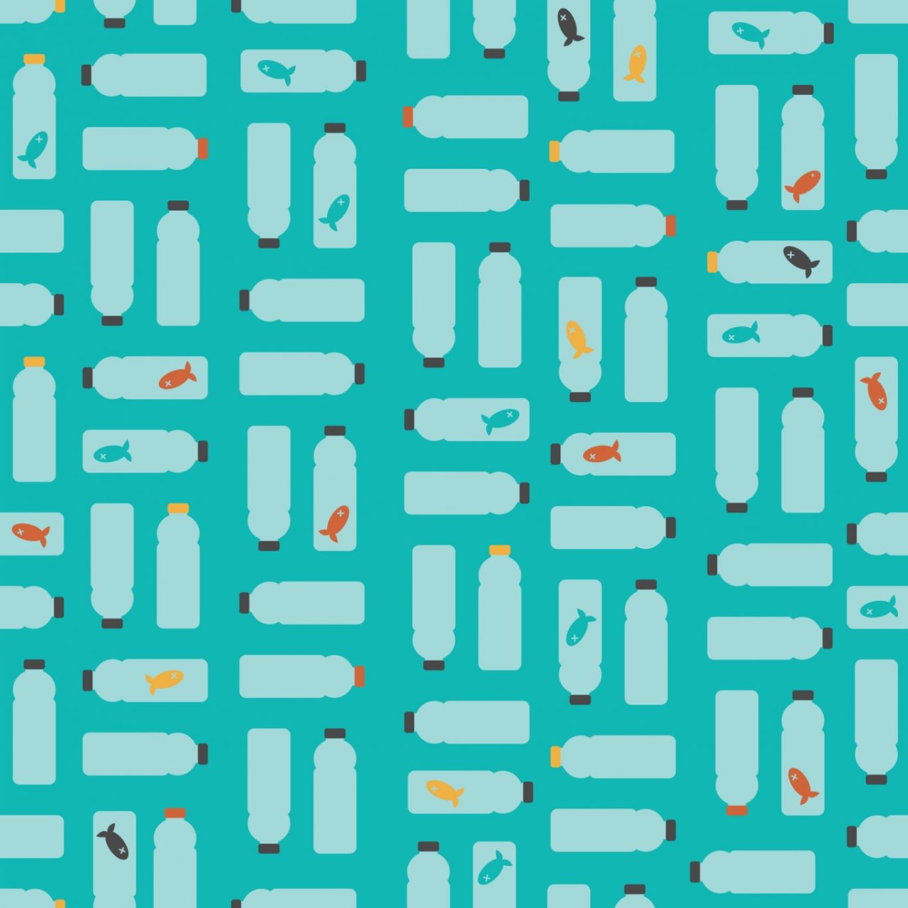 Graphic with turquoise background covered in water bottles 
