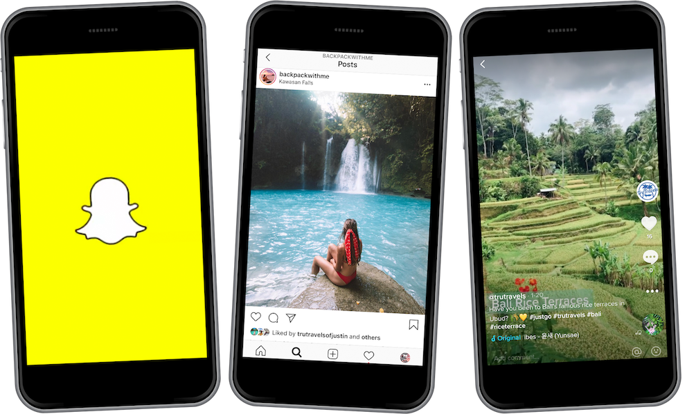 3 iphones with snapchat logo, instagram feed and tiktok video
