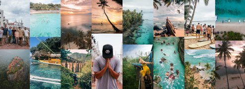 collage of travel images - beaches, palm trees, sea, sunsets