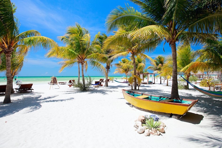 White sandy beach with palm trees, boats and blue sky