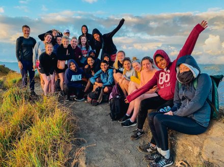 A group shot after hiking Mount Batur in Bali, Indonesia 