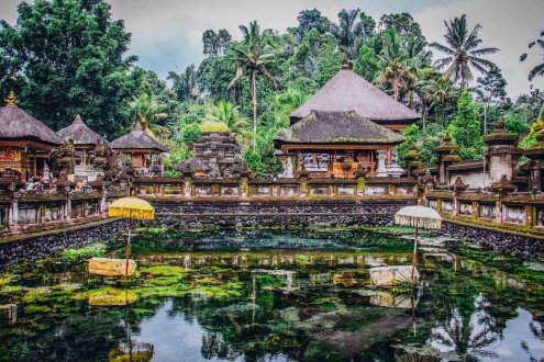 A temple in Bali, Indonesia showing a body of water and lush green palm trees