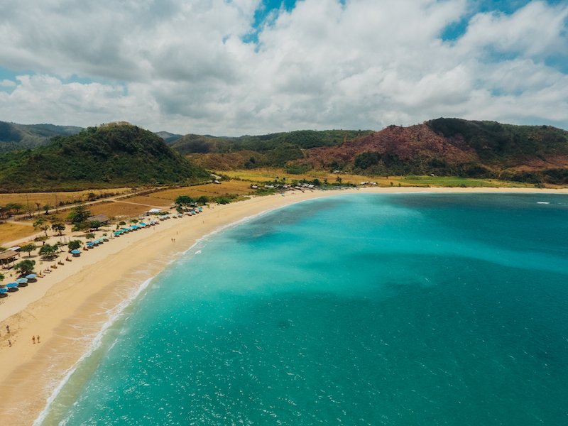 sky view of Lombok coast, each and hills