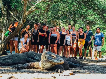 A group at the Komodo National Park pictured with two Komodo dragons in Indonesia 