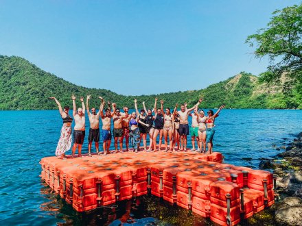 A group shot at Lake Toba, a salt water lake in the crater of a supervolcano in Indonesia  