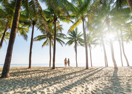 A scenic shot of two people at the beach surrounded by palm trees in the Maldives 