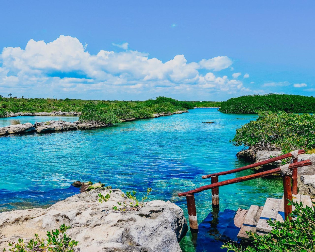 A stretch of bright blue clear water, surrounded by luscious greenery in Bacalar, Mexico.