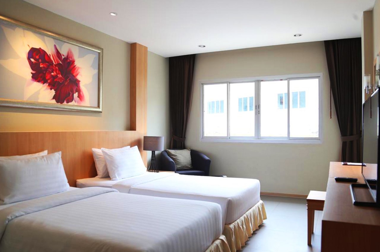 A shot of a twin double room at the hotel in Koh Phi Phi, Thailand 