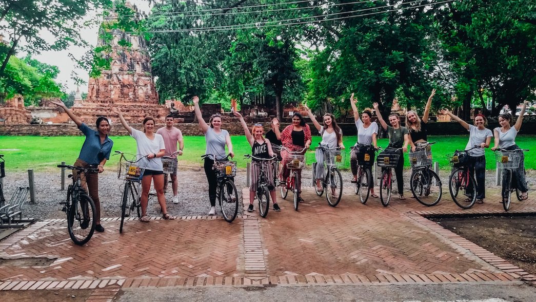 A group photo during the bike ride around the temples in Ayutthaya Chiang Mai Thailand