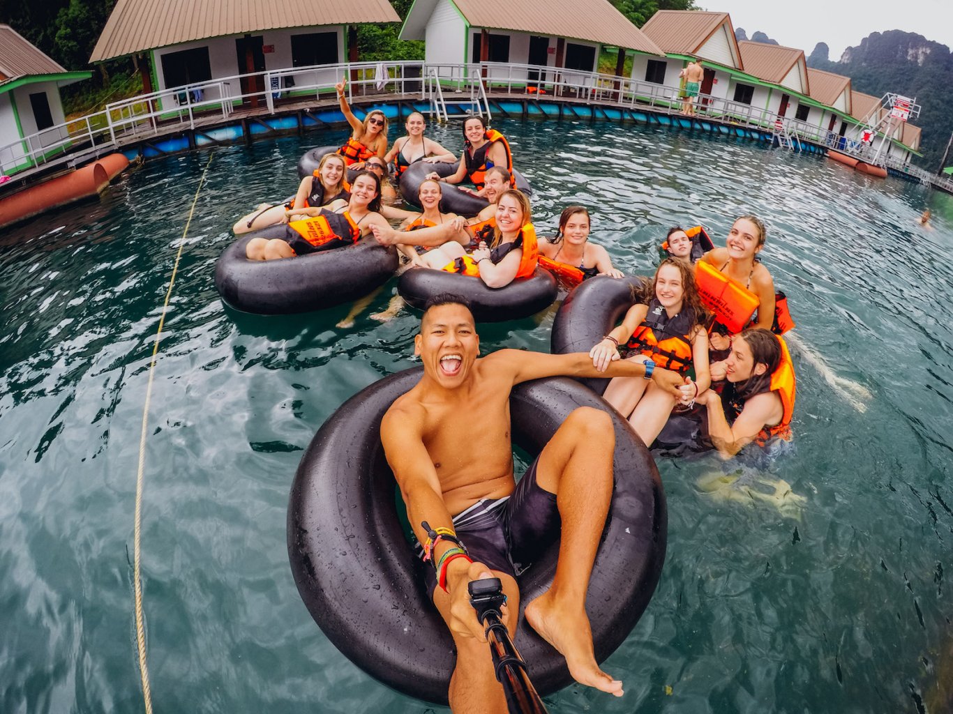 A group selfie at the floating bungalows in Khao Sok National Park Thailand