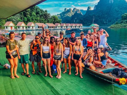 A group photo at the floating bungalows in Khao Sok national park   