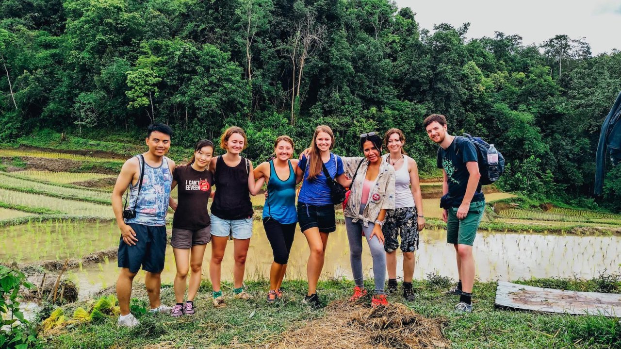 A group photo during the jungle trek before the hill tribe stay in Thailand Chiang Mai 