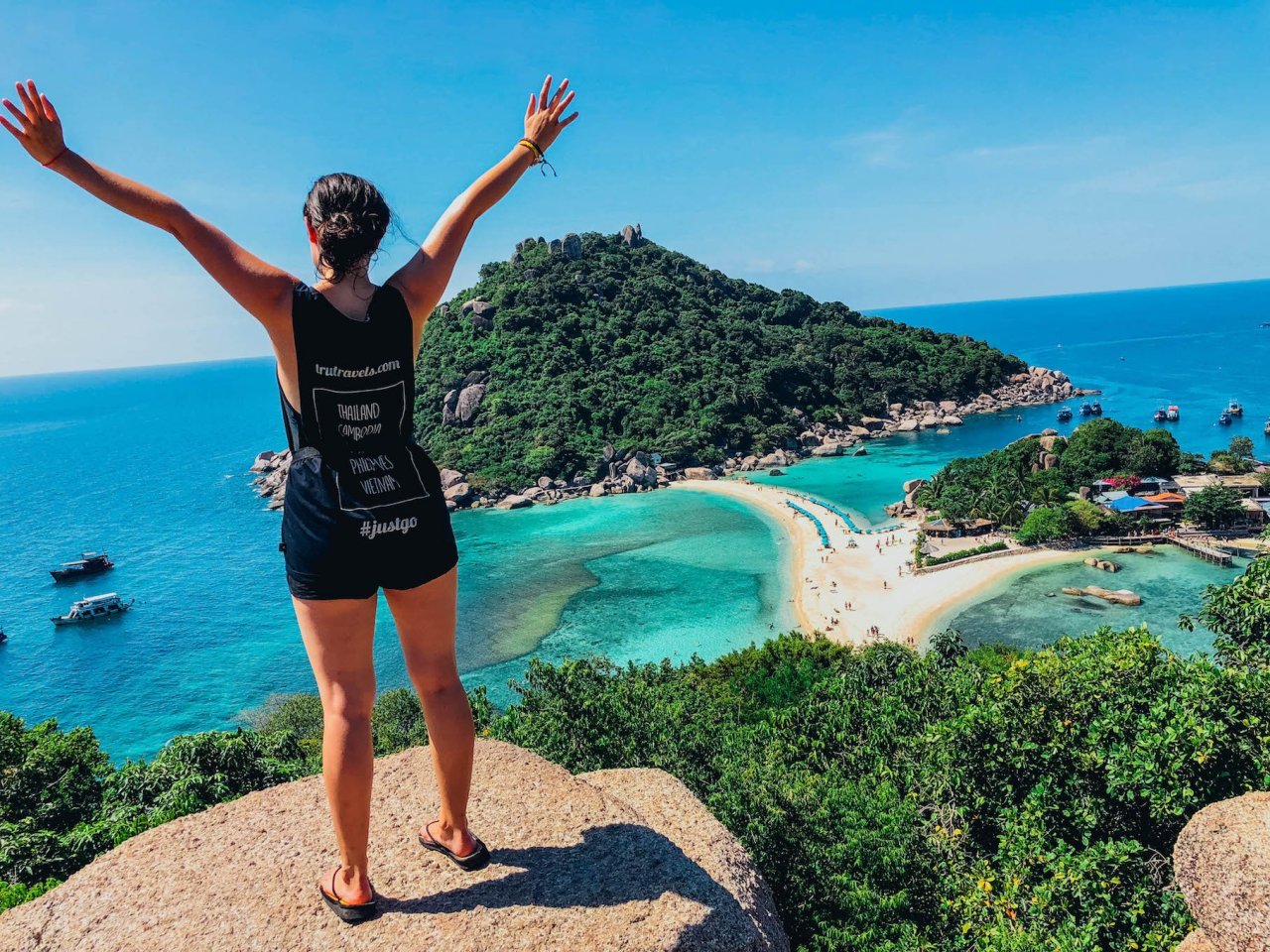A girl at the stunning Nang Yuan view point in Koh Tao Thailand