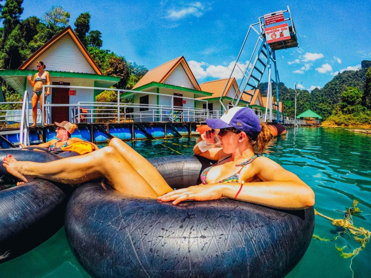 Relaxing in the donuts at the floating bungalows in Khao Sok National Park Thailand