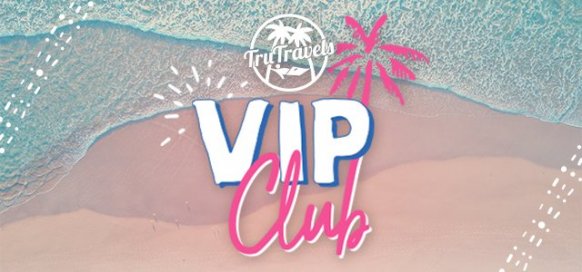 TruTravels logo text over image of pink Beach VIP Club